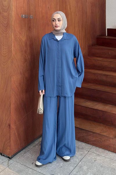 lamelif Shadowed Wide Leg Pants-Shirt Hijab Suit Blue
