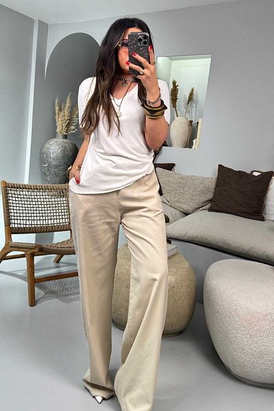 Sohotique By P Gabardine Fabric Waist - Elastic Palazzo Trousers Stone