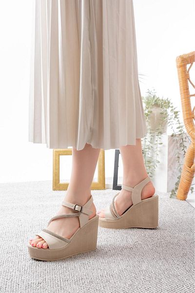 Weynes Women's Cream 10 cm Wedge Heel Stone Single Strap Sandals Wsb3028