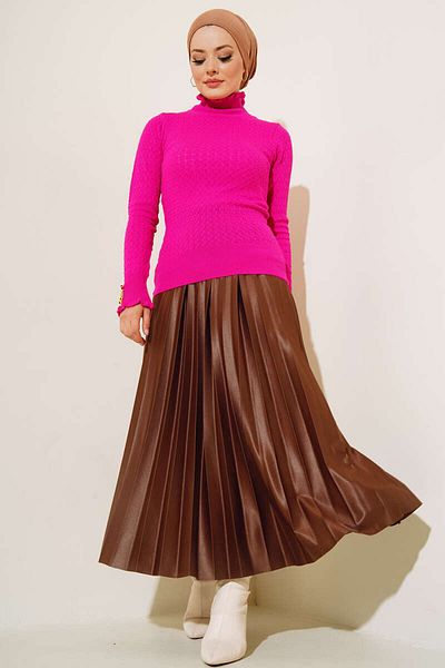 giyze Knitted Detail Knitwear Sweater with Buttons on the Wrists Fuchsia 4019