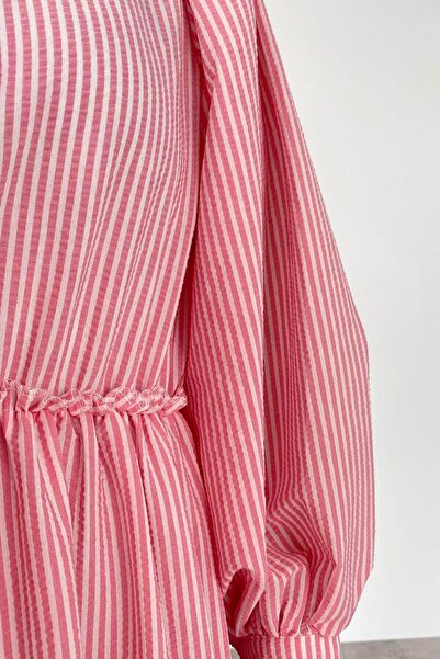 lamelif Pink Crew Neck Striped Hijab Dress