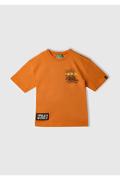 United Colors of Benetton Boy's Orange Smiley World Printed Logo Label T-Shirt