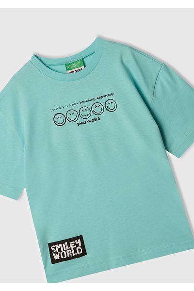 United Colors of Benetton Boy's Water Green Smiley World Printed Logo Label T-Shirt