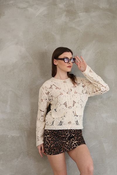 DM DİLAN MODA Women's Crochet Cream Knitted Cardigan with Gold Buttons