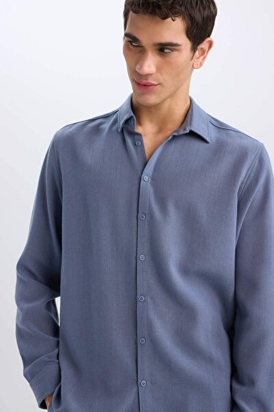 DeFacto Regular Fit Polo Yaka Keten Görünümlü Uzun Kollu Gömlek E1204AX25SM