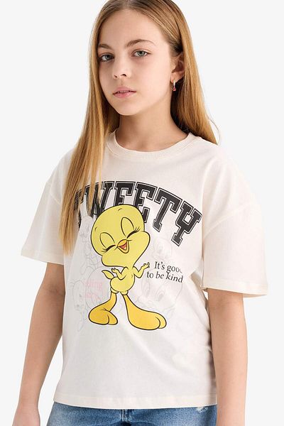 DeFacto Tricou cu mânecă scurtă Looney Tunes pentru fete, cu decolteu, cu mânecă scurtă E2615A825SM