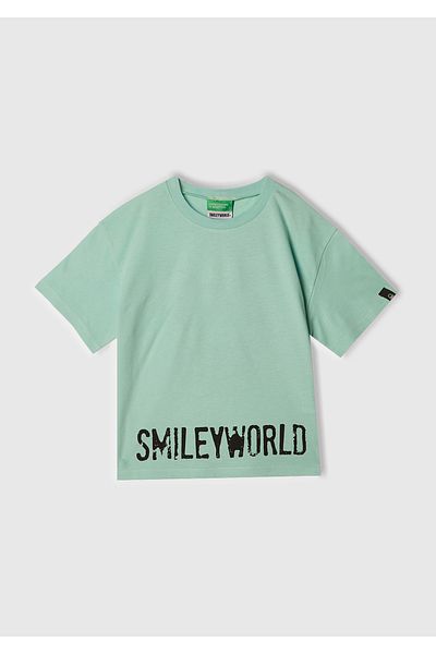 United Colors of Benetton Girl's Water Green Smiley World Printed Logo Label T-Shirt