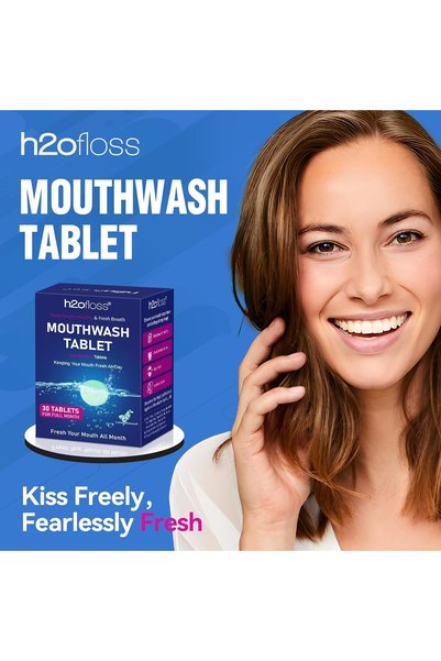 h2ofloss أقراص غسول الفم بالماء لرائحة فم منعشة طبيعية، تزيل طبقة البلاك من الأسنان وتحمي اللثة - W