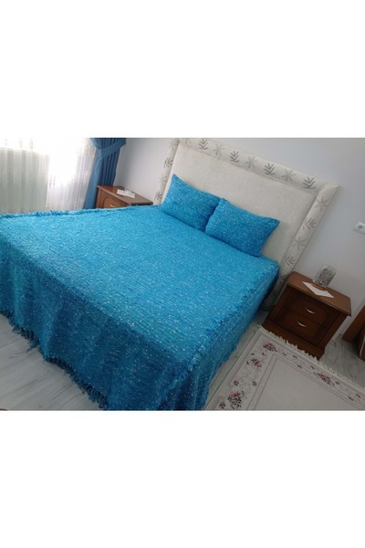 Mandaş Tavşan Tüyü Peluş El Dokuma Yumuşak Dokulu Çift Kişilik Yatak Örtüsü (280x260)-mavi