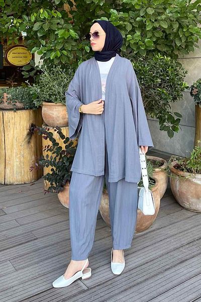 lamelif Seersucker Kimono - Set Smoked Hijab Double