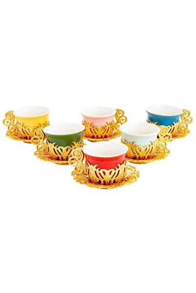 FARİKA 6-person Multi Colour Tulip Coffee Set (GOLD) (Made in Turkey)