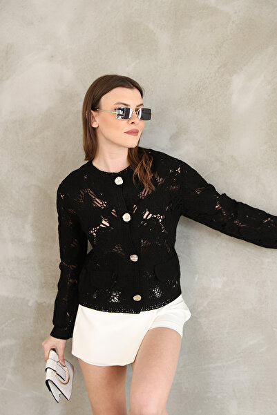 DM DİLAN MODA Cardigan de damă, negru, croșetat, cu guler tip bicicletă și na...