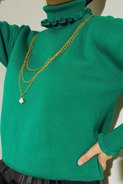 giyze Collar and Sleeve Ruffled Necklace Sweater Green 5114