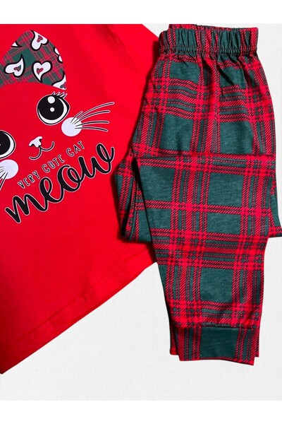 Fil Kids Kız Çocuk %100 Pamuklu Kırmızı Kedi Desenli Altı Ekose Desenli Uzun Kollu Mevsimlik Pijama Takımı