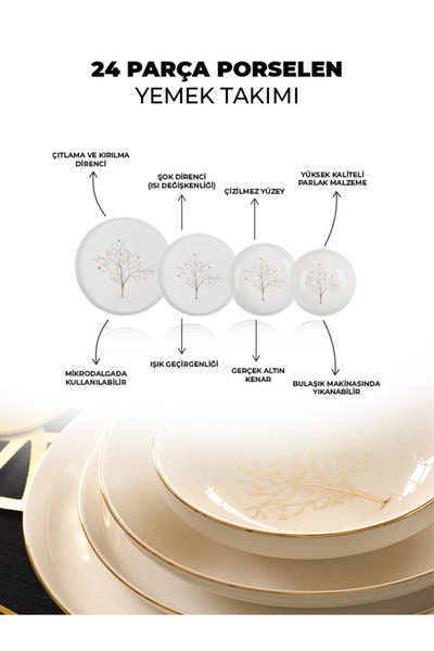 Farika Porselen Tree Of Life 24 Piece 6 Person Gold Gilded Porcelain Dinner Set