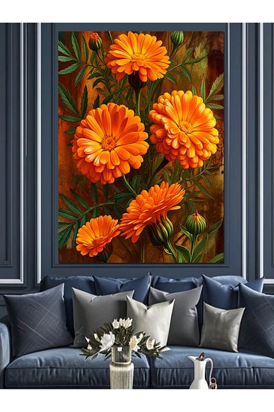 Tablomega Orange Flowers Decorative Canvas - Mdf Wooden Painting