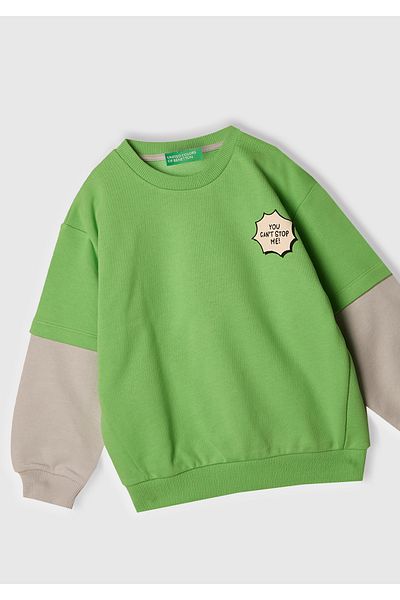 United Colors of Benetton Boy's Pistachio Green Graphic Printed Double Sleeve Crew Neck Sweatshirt