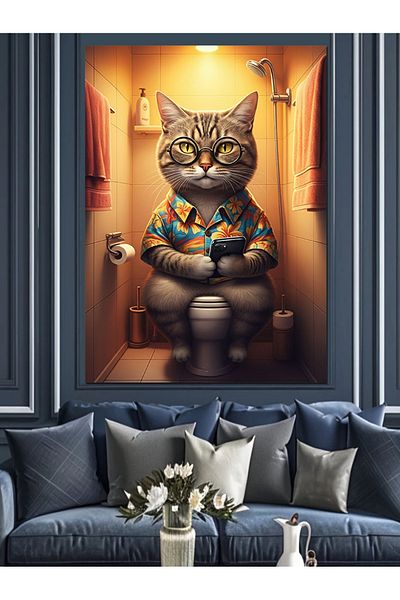 Tablomega Cat on the Toilet Decorative Canvas - Mdf Wood Art Print
