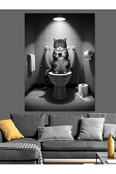 Tablomega Cat Reading in the Toilet Decorative Canvas - Mdf Wooden Painting