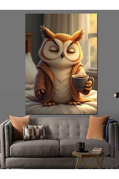 Tablomega Coffee Drinking Owl Figure Decorative Canvas - Mdf Wooden Painting