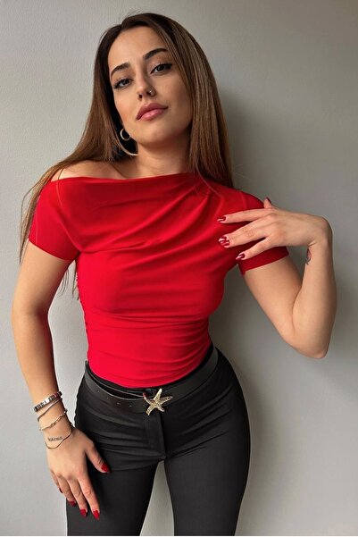 WOMAN VISION Women's Sandy Fabric Draped Short Sleeve Crop Red Blouse 13433