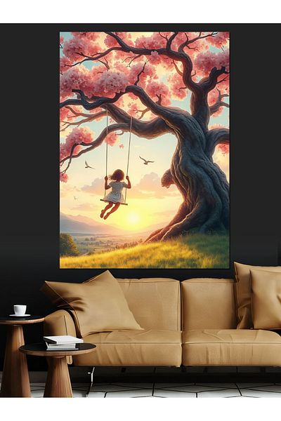 Tablomega Pink Flowering Tree and Swing Decorative Canvas - Mdf Wooden Painting