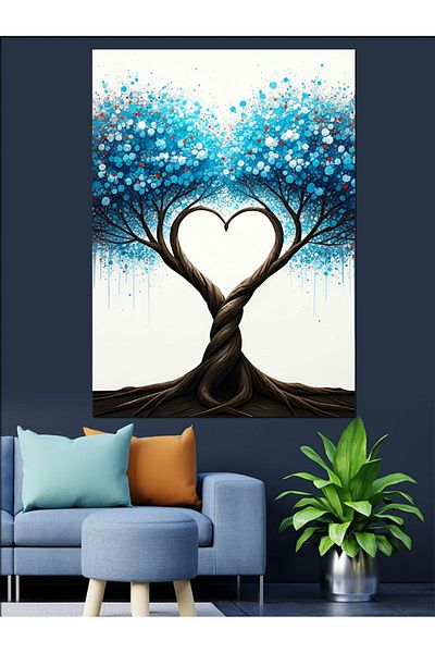 Tablomega Interlocking Blue Trees Heart Shaped Decorative Canvas - Mdf Wooden Painting