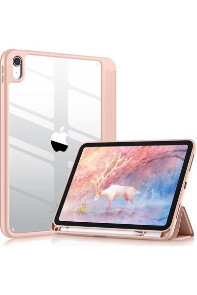 AWH جراب iPad 10th Gen 10.9 بوصة، ظهر شفاف، حامل قلم، تصميم نحيف، خاصية الإيقاظ/السكون التلقائي، غطاء وردي