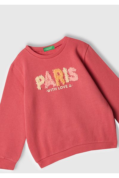 United Colors of Benetton Girl's Fuchsia Graphic Printed Ribbed Crew Neck Sweatshirt