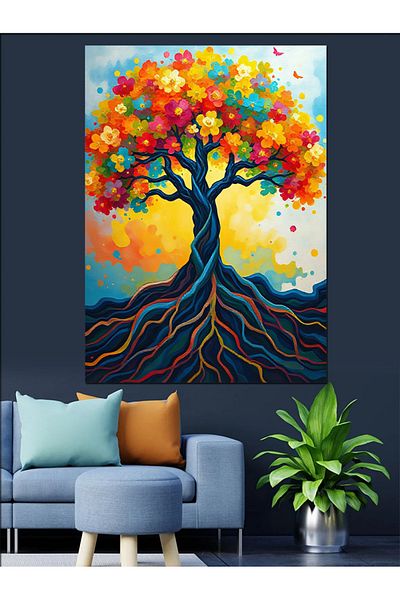Tablomega Tree with Colorful Roots and Abstract Design Decorative Canvas - Mdf Wooden Painting
