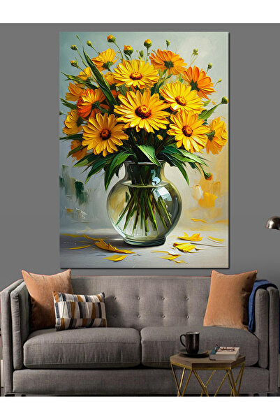 KanvasSepeti Buchet de flori galbene Pictură decorativă în ulei, cu textură, ...