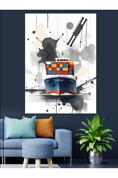 Tablomega Container Ship And Splashes Decorative Canvas - Mdf Wood Table