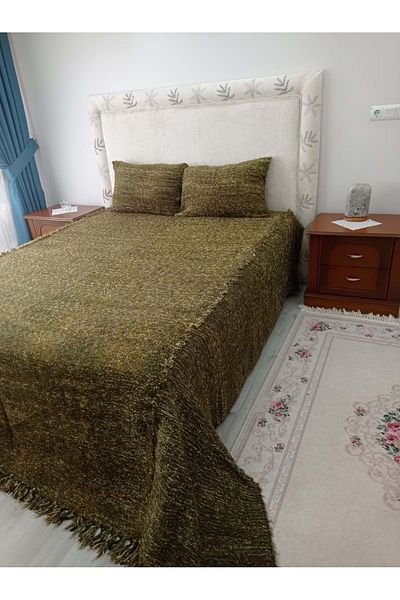 Mandaş Rabbit Hair Plush Hand Woven Soft Textured Double Bedspread (280X260)-Green