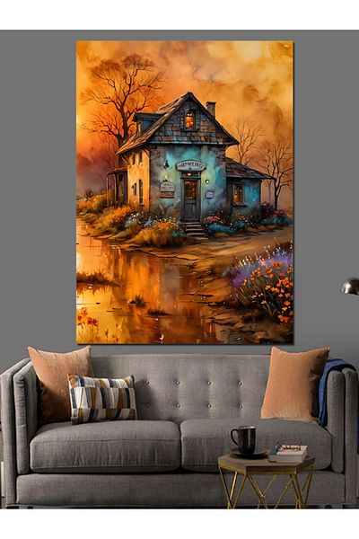 Tablomega Lonely Village House Decorative Canvas - Mdf Wood Table