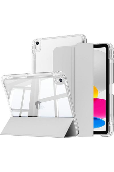 AWH iPad 10th Gen 10.9" Case, PU Leather, Clear PC Back, Auto Wake/Sleep, Light Grey, Slim Fit