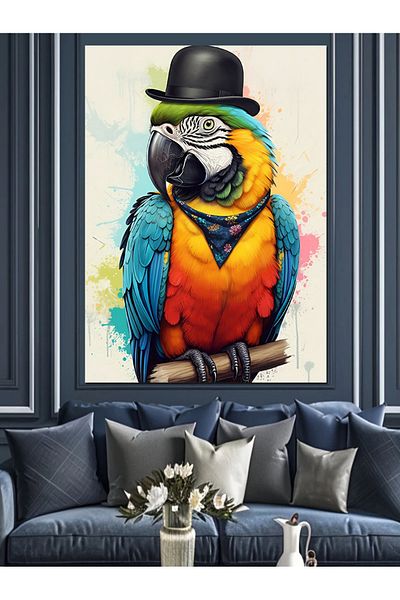 Tablomega Colorful Parrot Portrait Decorative Canvas with Hat - Mdf Wooden Painting