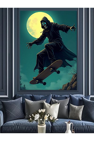 Tablomega Skateboarder in Moonlight Decorative Canvas - Mdf Wooden Painting