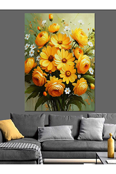 KanvasSepeti Buchet de flori galbene Pictură în ulei decorativă Texturată Pân...