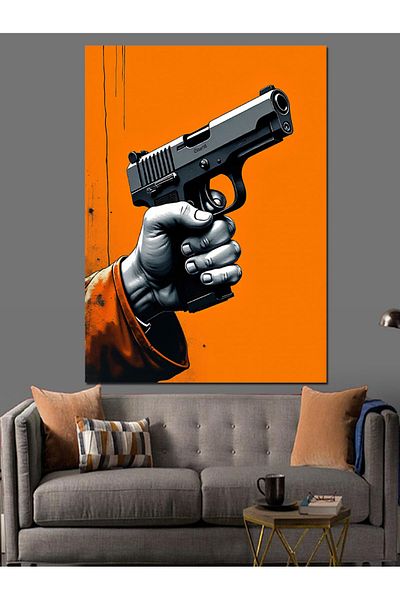 Tablomega Gun Decorative Canvas with Orange Background - Mdf Wooden Painting