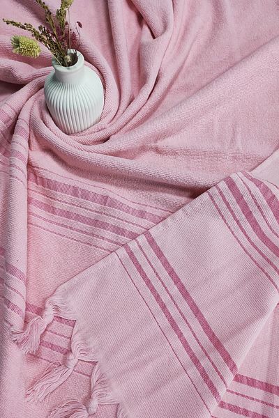 Sevim Soft and High Water Absorbent Pink Striped Cotton Towel Peshtemal - 90x170cm