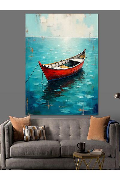 Tablomega Silent Red Boat on the Lake Decorative Canvas - Mdf Wooden Painting