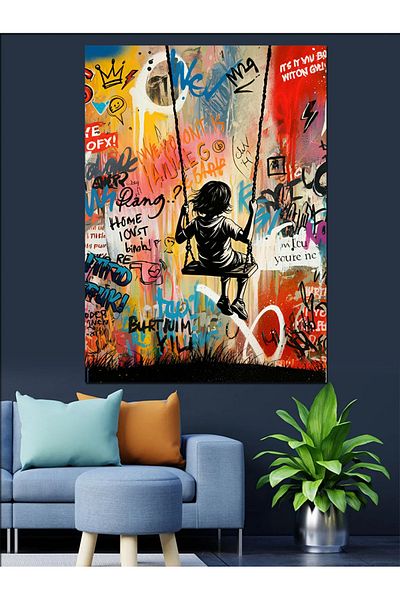 Tablomega Graffiti and Swinging Children Decorative Canvas - Mdf Wooden Table
