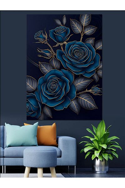 Tablomega Blue Rose and Gold Accent Flower Composition Decorative Canvas - Mdf Wooden Painting