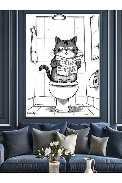 Tablomega Cat Reading Newspaper in the Toilet Decorative Canvas - Mdf Wooden Painting