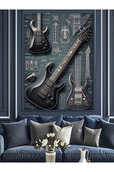 Tablomega Electric Guitar and Sketch Decorative Canvas - Mdf Wooden Painting