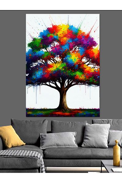 Tablomega Rainbow Colored Tree Decorative Canvas - Mdf Wooden Painting