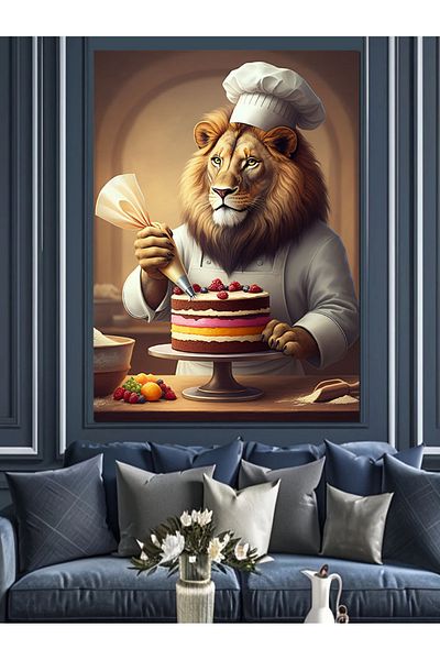 Tablomega Making Cake Lion Decorative Canvas - Mdf Wooden Table