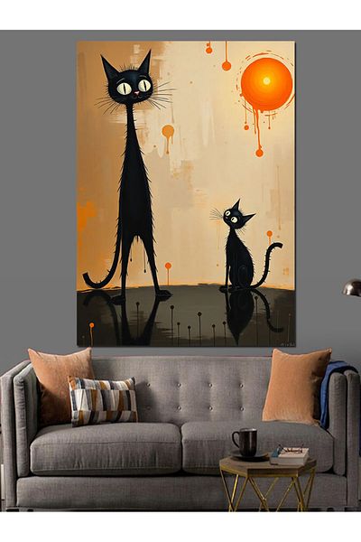 Tablomega Orange Moon and Cats Decorative Canvas - Mdf Wooden Painting