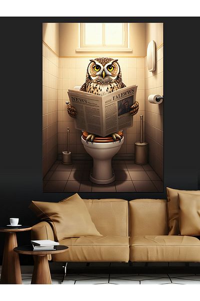 Tablomega Owl Reading Newspaper in the Toilet Decorative Canvas - Mdf Wood Table