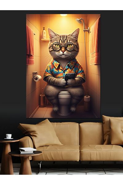 Tablomega Cat on the Toilet Decorative Canvas - Mdf Wood Art Print